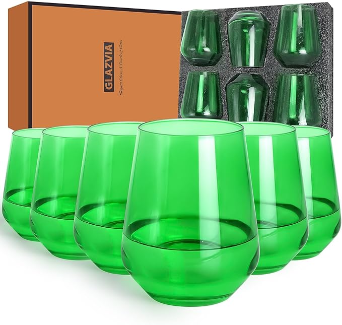 Green Stemless Wine Glasses Set of 6, 15oz Drinking Glassware Dishwasher Safe, Wine Glass Tumblers for Red or White, Gift for Party, Holiday, Anniversary, Restaurant, Home Bar, Daily Use