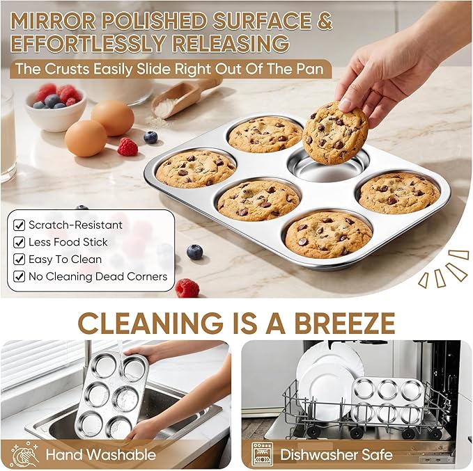 TeamFar Muffin Top Pan, 2 PCS 6 Cavity Stainless Steel Shallow Cupcake Pan | Muffin Tin for Baking Yorkshire Pudding, Whoopie Pie, Egg Bite, Hamburger Bun, Non Toxic & Dishwasher Safe