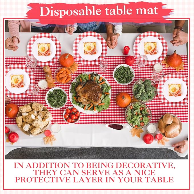 Funnymoom 60 Pcs Red and White Gingham Disposable Paper Placemats Round Table Place Mat Summer Checkered Decorative Paper for Baby Shower Wedding Birthday Party Dinner Table Decor