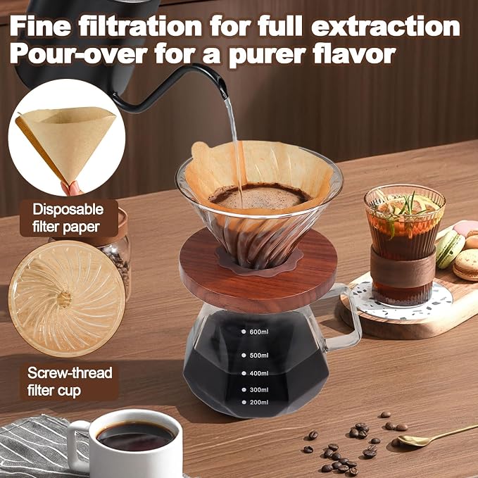Pour Over Coffee Maker 20.3oz Portable Glass Coffee Maker High Borosilicate Glass Eagle Beak Spout Design with 100 Pcs Filter Paper Walnut Wood Base for Pour Over for Daily Brewing 600ml
