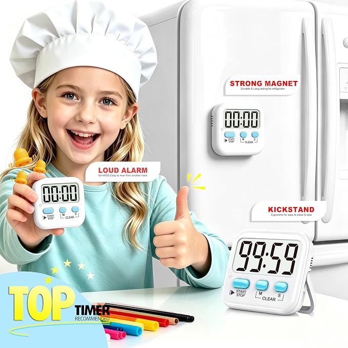 2 Pack Digital Timer for Kids Classroom Kitchen Timers for Cooking | w/ Battery, Easy to View, Alarm, Mute Mode, Count Down/Up, Magnetic, Kickstand, Hanging, Classroom Timer for Teacher Supplies