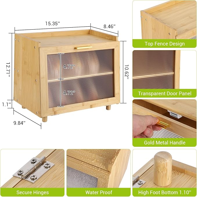 Garvee 2-Tier Bamboo Bread Box for Kitchen Counter, Farmhouse with Window | Clear Window, Strong Magnetic Closure, Compact Footprint, Flat Top, for Kitchen Countertop, Naural & Gold