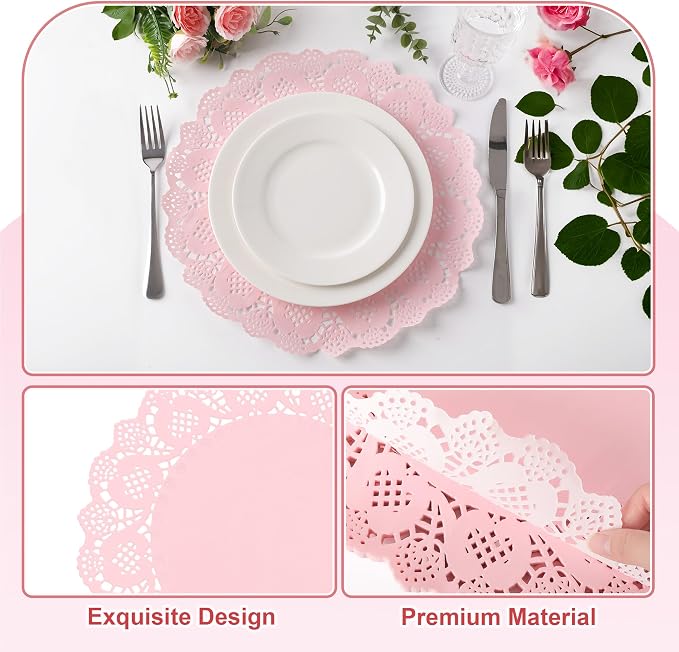 100 Pack 13.5 Inch Round Pink Paper Doilies, Disposable Lace Placemat | Rustic Scallop Doily Table Pads, Heavy-Duty Paper Place Mats for Cakes, Crafts, Parties, Weddings, Buffet, Home Decor