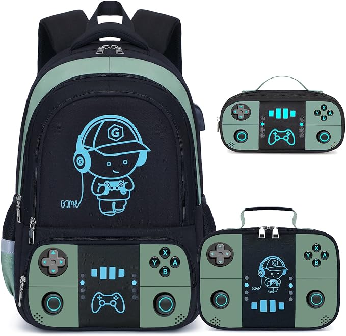 Backpack for School Boys, Cool Luminous Gamer Boys Schoolbag | with Lunch Box & Pencil Case Set for Kids Teens Elementary Middle School, Bookbag Glow In The Dark