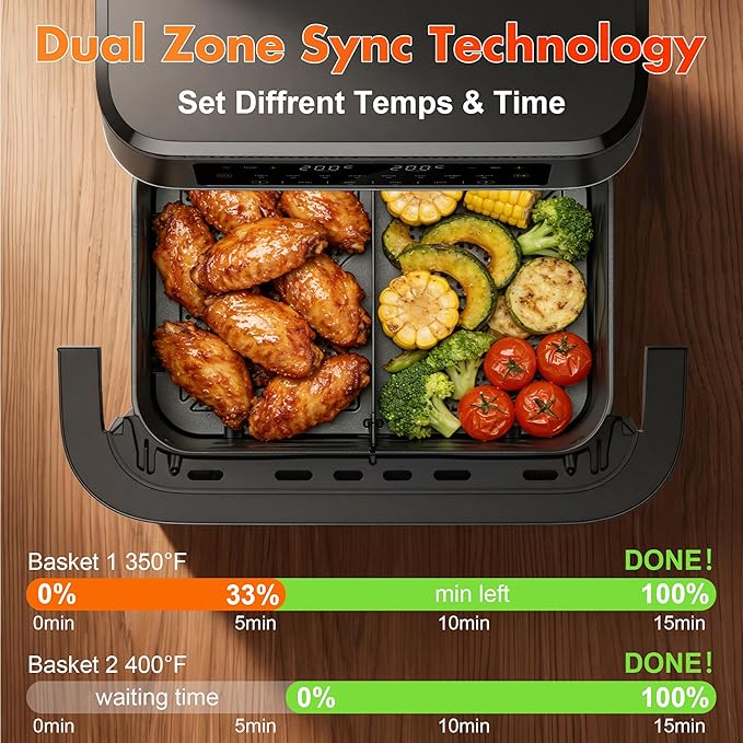 Dual Basket Air Fryers with Flex Basket, 12QT Double Air Fryer with Viewing Window & 50PCS Paper Liners, for 10 People, 12-in-1 Digital Panel with Sync & Light, for Bake, Roast, Reheat,Dishwasher Safe