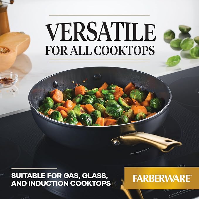 Farberware Forged Induction Ceramic Nonstick Stir-Fry Pan with Helper Handle, Dishwasher Safe, Suitable for All Stovetops, 12.25 Inch Wok Pan - Black