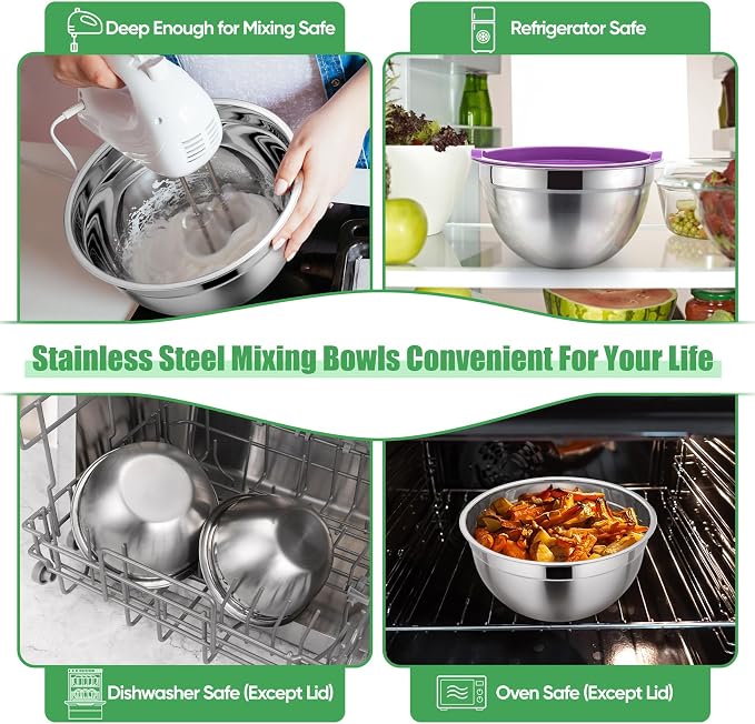 P&P CHEF Metal Mixing Bowls with Lids Set, Airtight Lids & Multicolor | 5 PCS Stainless Steel Mixing Nesting Bowls for Kitchen Prepping, Storing, Healthy & Easy Clean, Size 4.6, 3, 1.5, 1, 0.7 QT
