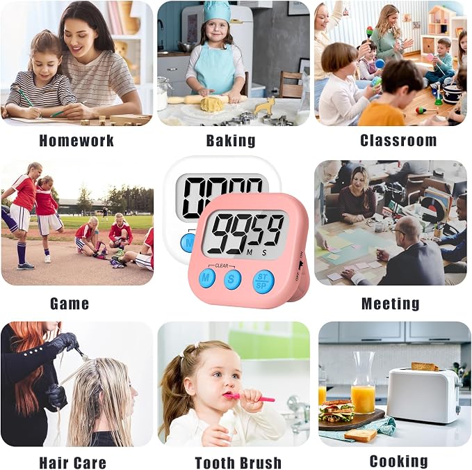 ZILLEEN Classroom Timer for Kids Teachers 2 Pack Digital Timers White Pink | Strong Magnetic, Large Screen, Big Button, Teacher Classroom Must Haves Kitchen Timers for Cooking Egg Exercise Study