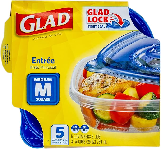 Glad GladWare Entree Food Storage Containers, Medium, 25 Oz, 5 Count, 2-Pk | Lock-tight seal for meal prep and lunches; microwave and dishwasher safe