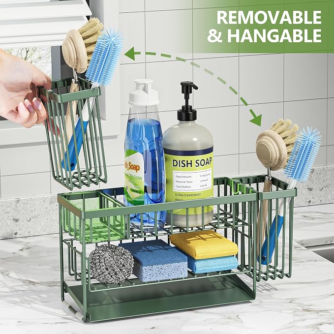 Cisily Sage Green 2-Tier Kitchen Sink Caddy Organzier Rack with Flexible Dish Brush Holder, Sponge Holder for Kitchen Sink Countertop Organization Storage, Home Decor