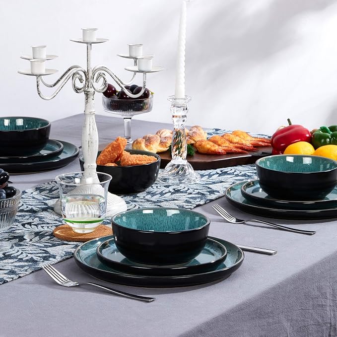 LIANYU 24 Piece Dinnerware Sets for 8, Ceramic Dishes Set, Pastel Turquoise | Modern Stoneware Plates and Bowls, Round Dinner Dinning Ware Set for Family Dinner, Dishwasher & Microwave Safe
