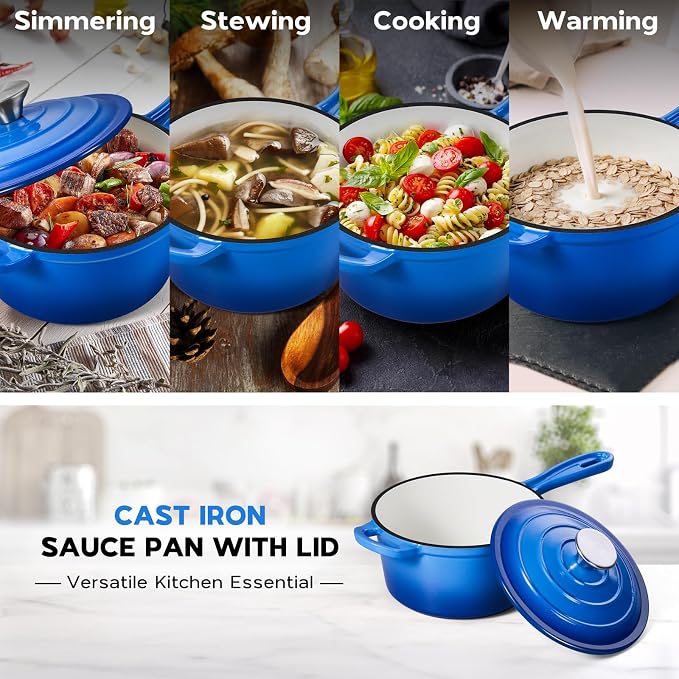 Onader 2 Quart Enameled Cast Iron Saucepan, Small Cast Iron Sauce Pan Pot for Cooking, Enamel Dutch Oven Kitchen Pot – Deep Blue