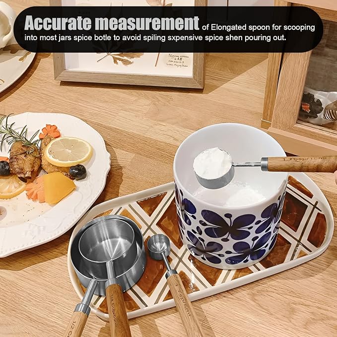 SHIKORI Measuring Cups and Spoons Set with Wood Handles 8-Pieces | Premium Stainless Steel Measuring Spoons and Measuring Cups Set,Engraved Marks Never Fade,for Baking,Cooking(Silver)