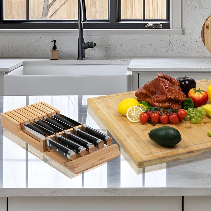 Utoplike Knife Drawer Organizer, Bamboo Knives Block for Kitchen Drawers | Small Knives Holder for Steak, Paring, Bread Knife, Holds Up to 9 Knives (Not Included), Compact Drawer Organization Storage