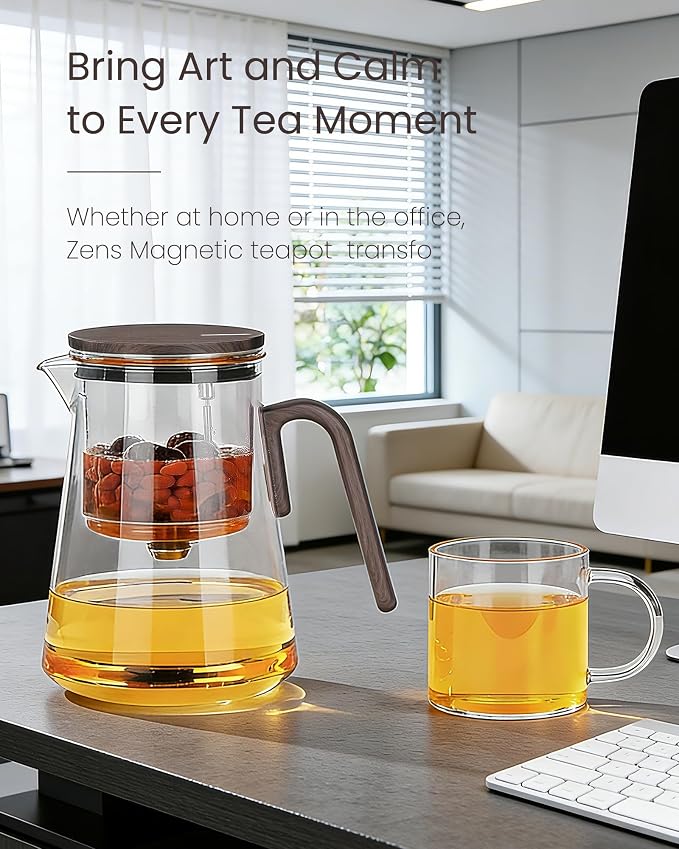 ZENS Magnetic Teapot with Infuser and 2 Cups, 34oz Magic Loose Tea Maker | Glass Magnetic Teapot, Echanted Tea Pot with Infusers for Loose Tea Steeper, Tea Lovers Gift, Walnut Pattern