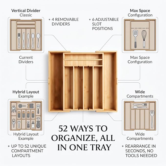 Bamboo Kitchen Silverware Drawer Organizer (DIY Slot, Natural) | Natural bamboo, Expandable 12.6"-20.3", 4 Removable dividers, 52 DIY layouts, Food safe, Bonus towel, No bending, no warping