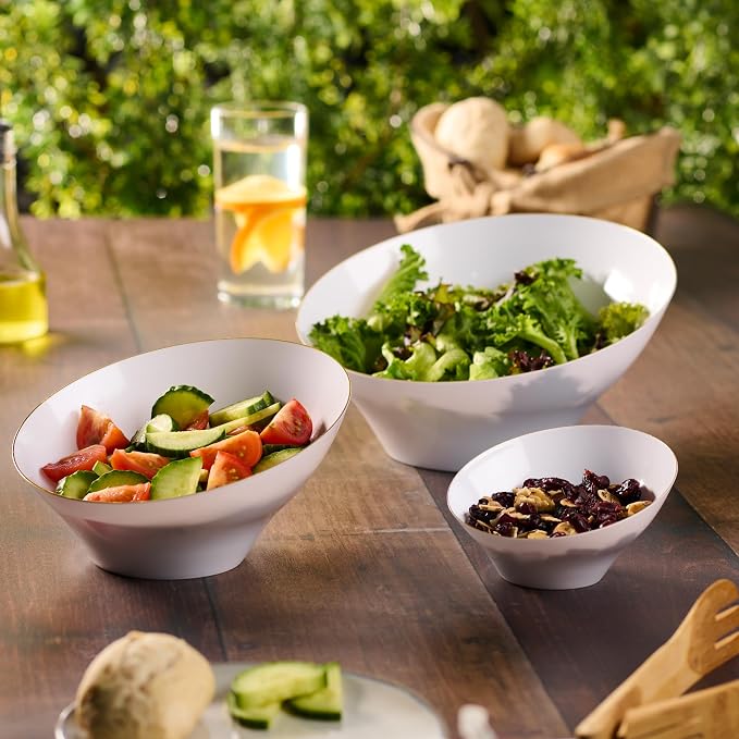 PLASTICPRO Angled Plastic Bowls Disposable Large Plastic White Serving Bowls with Gold Rim for Party for Appetizer Salads Pack of 4