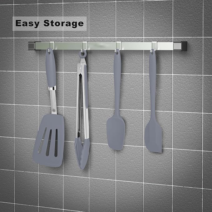 5-Piece Silicone Spatulas Set with Tongs, 446°F Heat Resistant, Grey | Steel-core Utensils, Nonstick-safe Silicone Turners and Tongs for Flipping, Grilling, Mixing and Baking, Dishwasher Safe