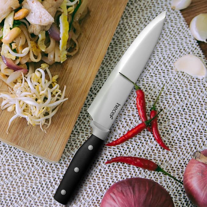 hecef Kitchen Knife Block Set, 14 Pieces Knife Set with Wooden Block & Sharpener Steel & All-purpose Scissors, High Carbon Stainless Steel Cutlery Set (Black) | Dishwasher Safe, High Carbon Stainless Steel, Includes Steak Knives & Kitchen Scissors