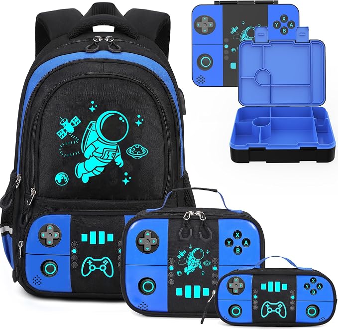 Backpack for School Boys, Cool Luminous Gamer Boys Schoolbag | with Lunch Box & Pencil Case Set for Kids Teens Elementary Middle School, Bookbag Glow In The Dark