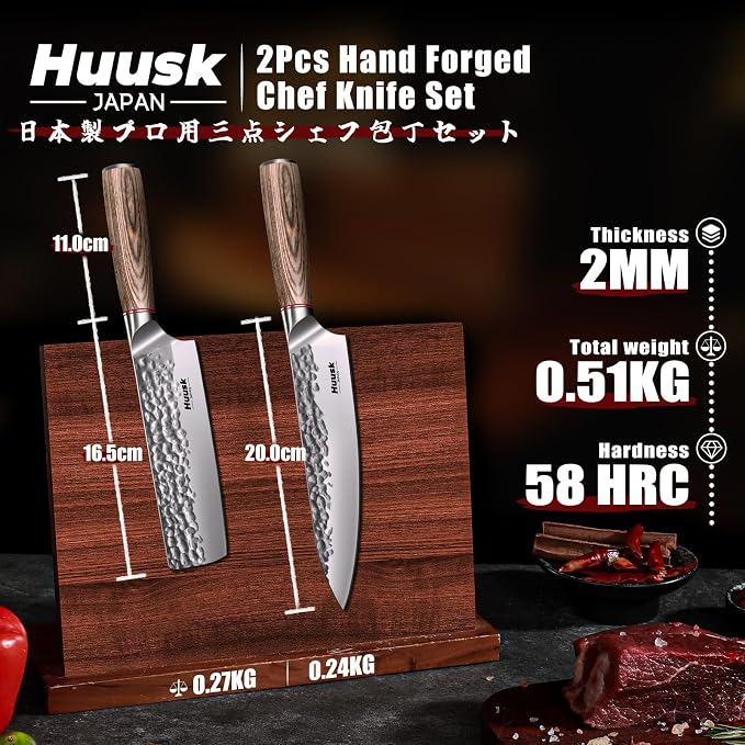 Huusk Japanese Kitchen Knife Set of 2 - Professional Chef Knives Set | Hand Forged Nakiri Vegetable Chopping Knife, Meat Cleaver Knife Set for Meat Cutting, Gift for Chef Men Women