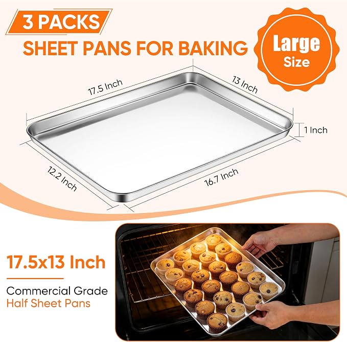 LIANYU Stainless Steel Sheet Pan Set, 17.5x13 Inch, Dishwasher Safe, 3 Pack | Commercial Grade Half Sheet Pan, Professional Bakeware Cookie Tray, Mirror Finish, Non Toxic, Easy Clean, Dishwasher Safe
