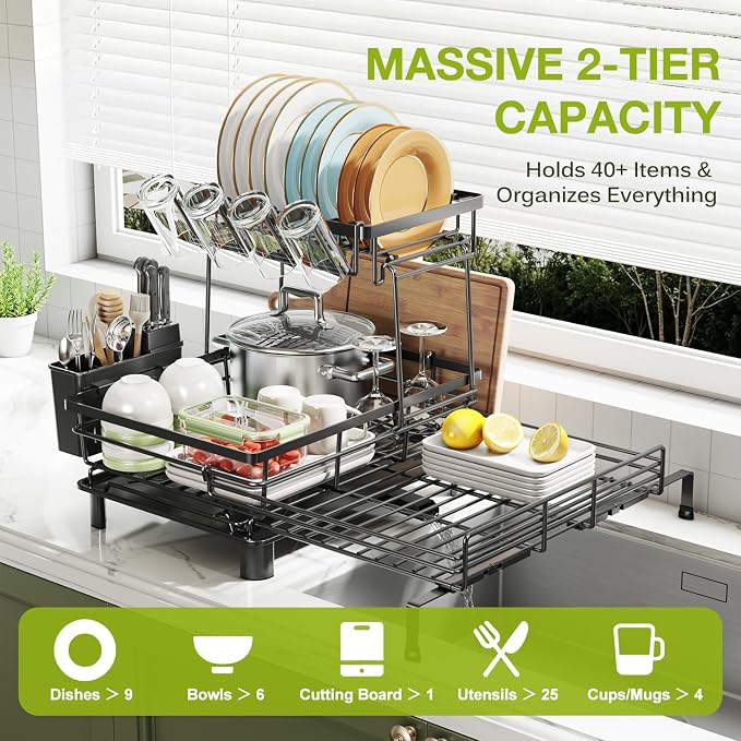 2-Tier Expandable Dish Drying Rack for Kitchen Counter, Black | Large Capacity Dish Rack Organization, Heavy-Duty Carbon Steel, 17 lbs Capacity, Swivel Drain Spout & Cup Hooks