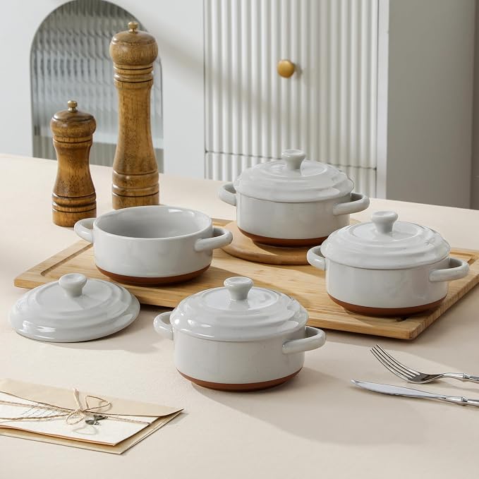 MALACASA Mini Cocotte Set of 4, 12 OZ Ramekins with Lids and Handles | Small Casserole Dishes for Oven, Ceramic Baking Dishes Set, Single Serving, Microwave & Dishwasher Safe, Khaki Grey