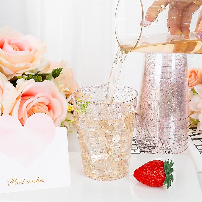 DaYammi 100 Pack 10oz Pink Plastic Cups, Premium Disposable Rose Gold Glitter Plastic Cups for Martini and Cocktail,Disposable Cup with Pink Glitter Perfect for Party Wedding Bridal Shower