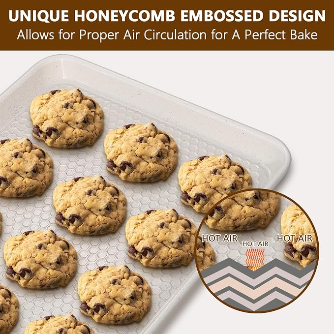 Wildone Baking Sheet Pan Set of 2, Honeycomb Embossed Nonstick Cookie Sheet | Thicker Carbon Steel Jelly Roll Pan Oven Tray 15x10 Inch, Heavy Duty & Easy Clean, White