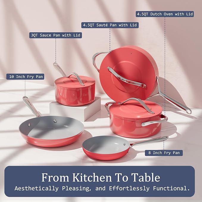 CookinCraze Premium Ceramic Sauce Pan with Lid, 3.5 QT Nonstick Saucepan | for Healthy Everyday Cooking, PFAS & PTFE Free, Induction Compatible, Oven Safe up to 500°F, Fusion Red