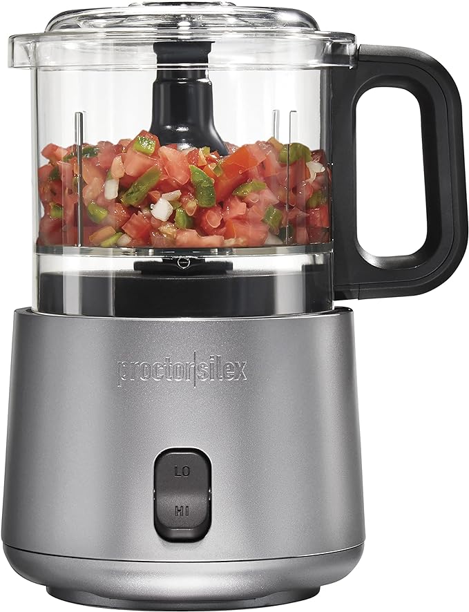 Proctor Silex Durable Electric Vegetable Chopper & Mini Food Processor | 3.5 Cup Bowl | 2 Speeds For Chopping, Puree & Emulsify | Stacking Design For Easy-Assembly | 350 Watts | Silver | 72870