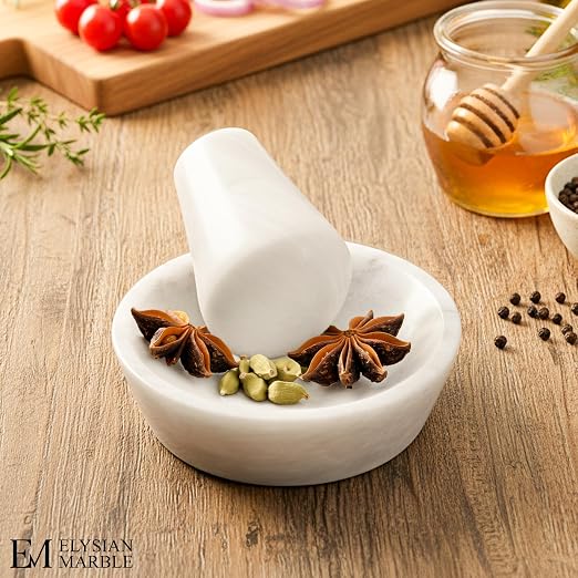 Mortar and Pestle Set, White Marble 5.5 Inch Wide Shallow Mortar with Pestle, Manual Spice Grinder for Herbs, Garlic, Ginger, Pesto, Guacamole, Salsa and Fresh Seasoning