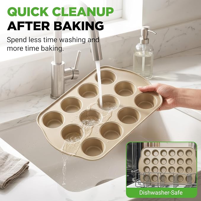 NutriChef Variety 2 Pack Muffin & Cupcake Tray Beginner Baking Set | 12-Cavity Muffin Tray & 24-Cavity Cupcake Tray for Baking | Carbon Steel Bakeware Set | Oven Safe Up To 450°F | Champagne