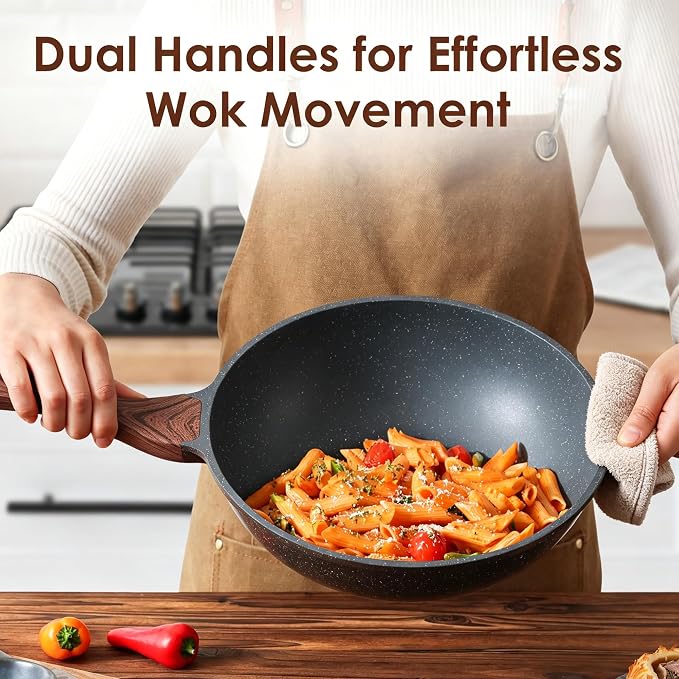 SENSARTE Nonstick Wok Pan with Lid 11Inch, Healthy Stir-fry Pan Chef's Pan | Induction Cookware, Swiss Granite Coating, Even & Fast Heating, Non stick Frying Pan Skillet, Stay-cool Handle, PFOA Free