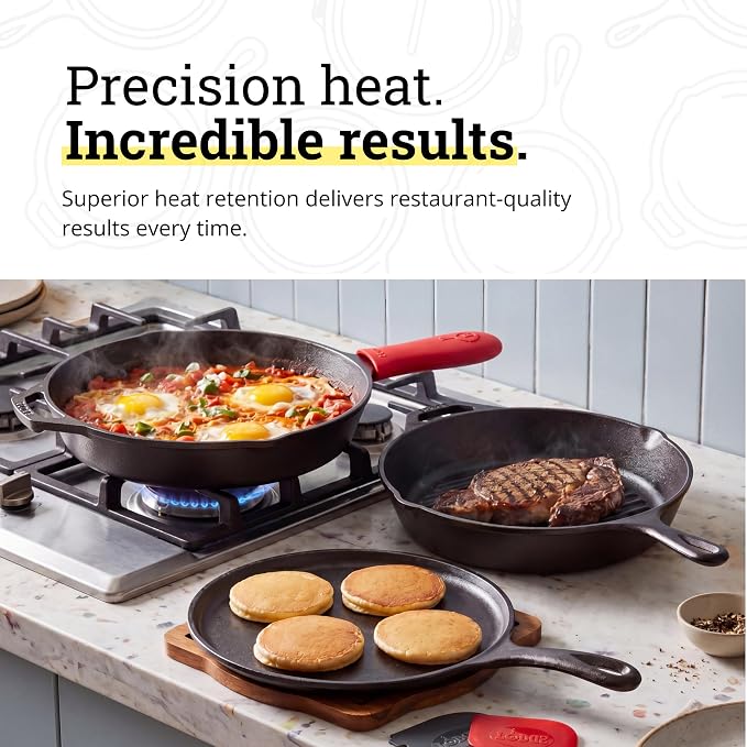 Lodge Cast Iron Set - 7-Piece Set - Pre-Seasoned Kitchen Essentials Set - Skillet, Griddle & Dutch Oven Included - PFAS-Free Non-Toxic Cookware