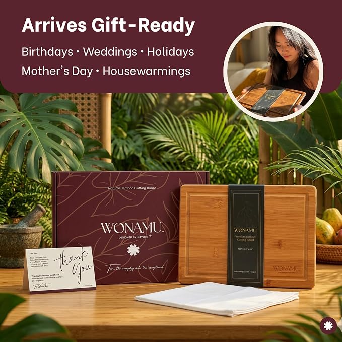 WONAMU Small Bamboo Cutting Board Non Toxic, Wood Cutting Boards Gift Set | Wooden Cutting Boards for Kitchen, Cotton Cloth & Gift Packaging Included, Housewarming Gifts New Home, Charcuterie Tray