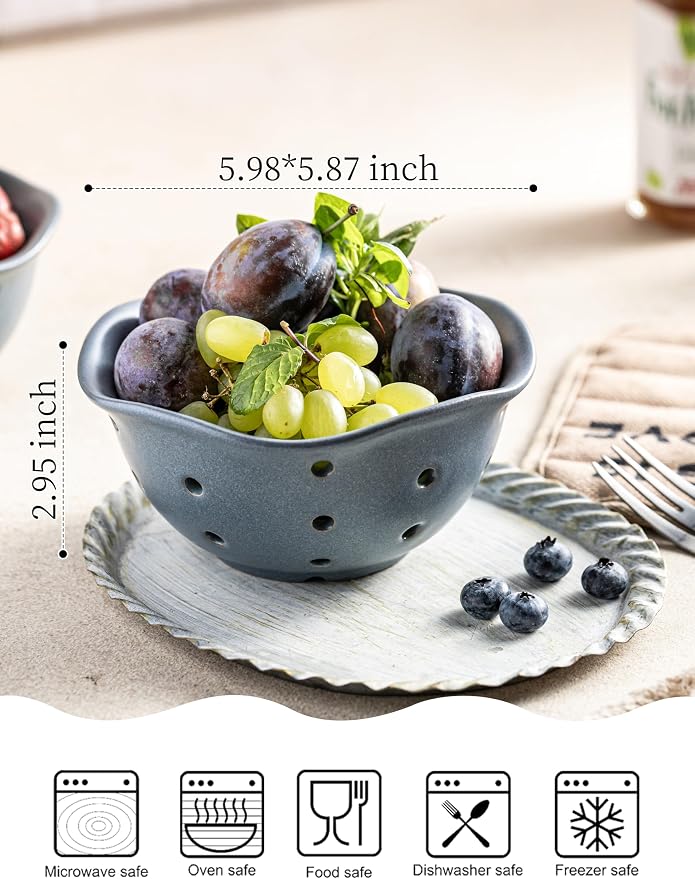 Gomakren Ceramic Berry Basket Set of 2, Elegant Fruit Bowl with Holes for Kitchen Counter, 6 Inch, Berries, Strawberry, Grape, Cherry, Floral Shape, Slate Blue, Dishwasher Safe