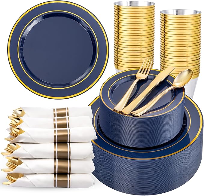 350PCS Navy Blue and Gold Plastic Plates with Rolled Napkins Include Dinner Plate 10’’, Dessert Plate 7’’, gold Cups 9 OZ, Pre Rolled Napkins for Birthday/Wedding/Party
