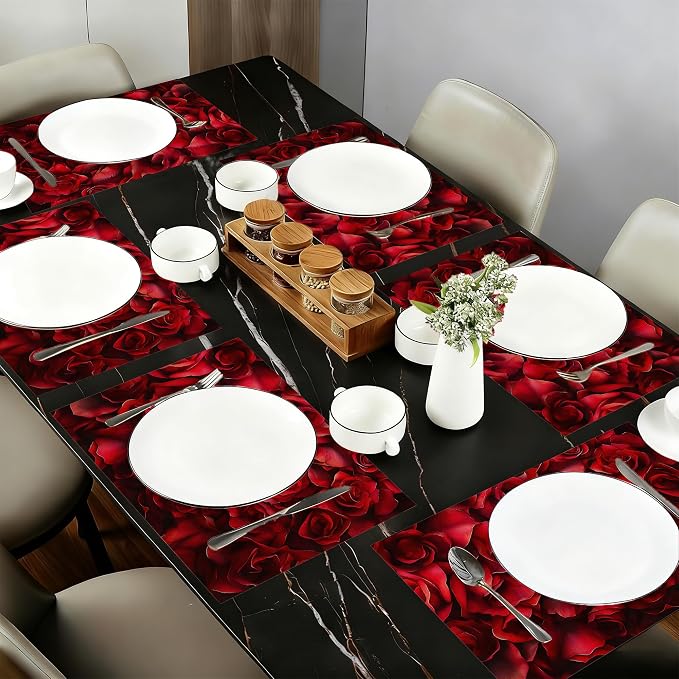 Red Rose Flower Fabric Placemats,Vintage Floral Table Placemats Set of 6 Cloth Place Mats, Washable Heat-Resistant Table Mats for Home Kitchen Dining Room Decoration 11.8x17.7 Inch