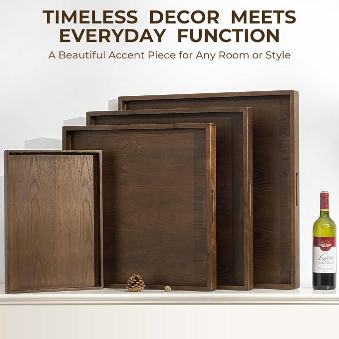 24 Inch Large Square Wooden Ottoman Tray for Living Room|Extra Large Serving Tray with Handles for Coffee Table, Breakfast|Decorative Wood Tray for Ottoman Couch Sofa Kitchen|Walnut