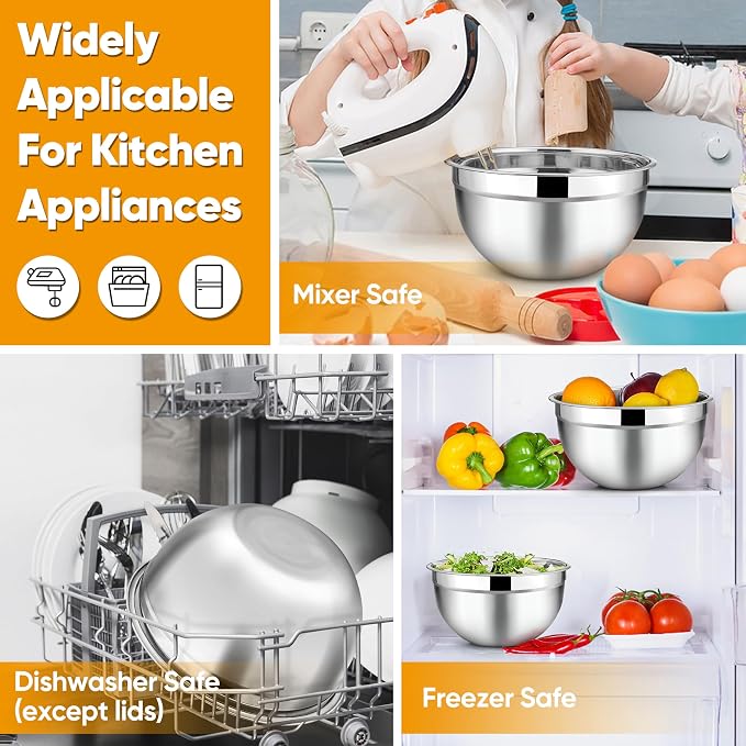 TeamFar Mixing Bowls Set of 5, Stainless Steel Metal Salad Bowls with Lids | 4.5/3/1.5/1/0.7 QT, Nesting Bowls, Ideal for Mixing Prepping Serving, Non-Toxic & Sturdy, Airtight Lid & Easy Clean, Black