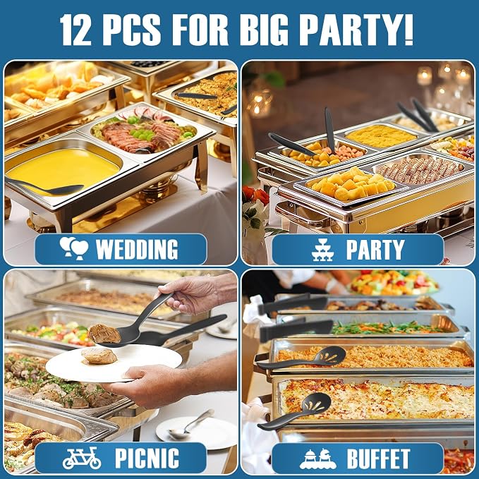 Reusable Plastic Serving Utensils Set of 12, Wheat straw Large Serving set 10" Serving Spoons/10" Slotted Spoons/9.4" Tongs, for Party Buffet Catering (Black, Not for Cooking)