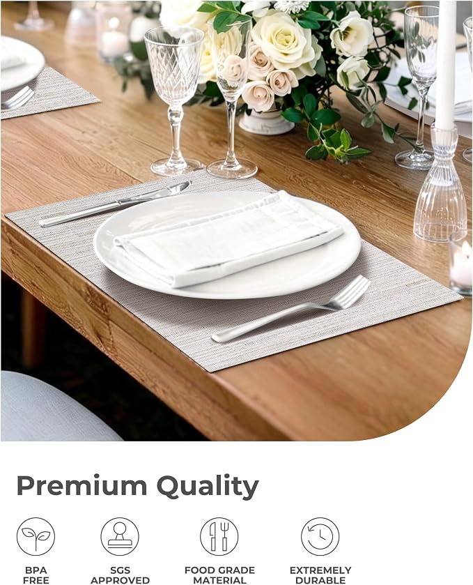 Leetaltree Pale Beige Placemats Set of 12 - Heat Resistant Non-Slip Place mats for Dining Table, Washable Durable PVC Vinyl Woven Table Mats（Pale Beige, 12）