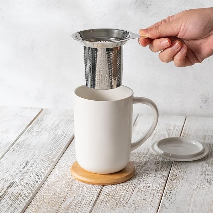 CEEFU 16oz Porcelain Tea Mug with Infuser, Lid and Coaster | Teaware with Filter, Loose Leaf Tea Cup Steeper Maker, Tea/Coffee/Milk/Women/Office/Home/Gift, White
