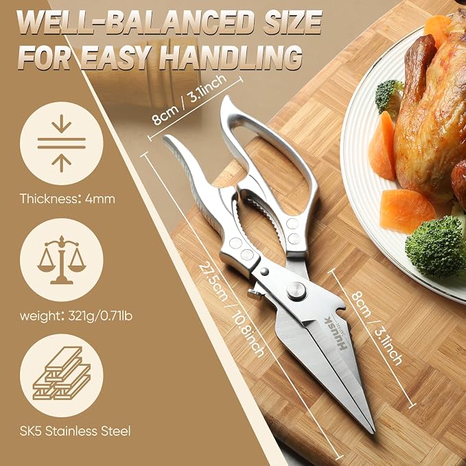 Huusk Kitchen Scissors for Food - Multifunction Poultry Shears Heavy Duty | Japanese SK5 Steel Kitchen Shears for Meat, Fish, Chicken Bones, Turkey, Ergonomic Non-Slip Silver Handle, Gifts for Women