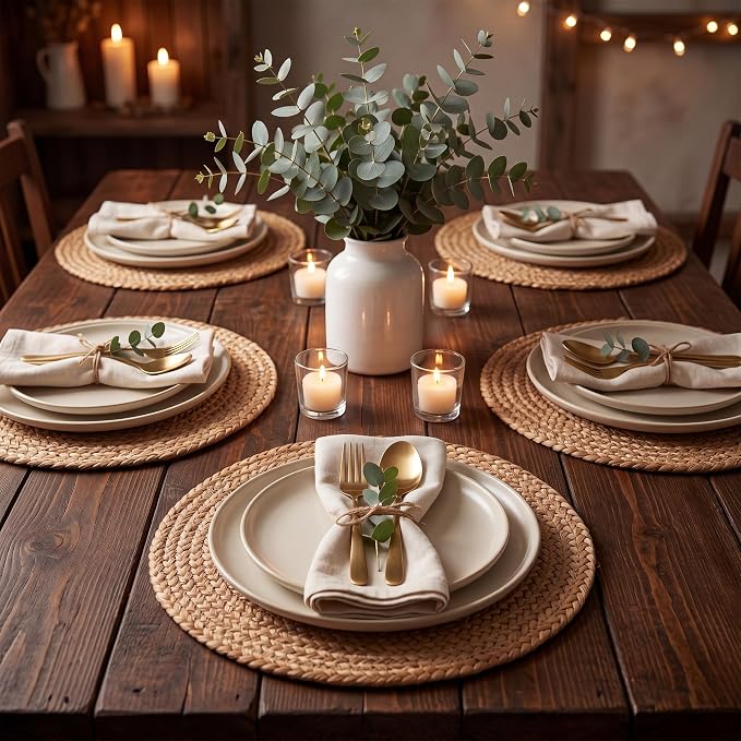 Natural Jute Placemats Set of 16, Round Woven Table Mats, 13 Inch Rattan Charger Plates, Bulk Set for Weddings, Parties & Events