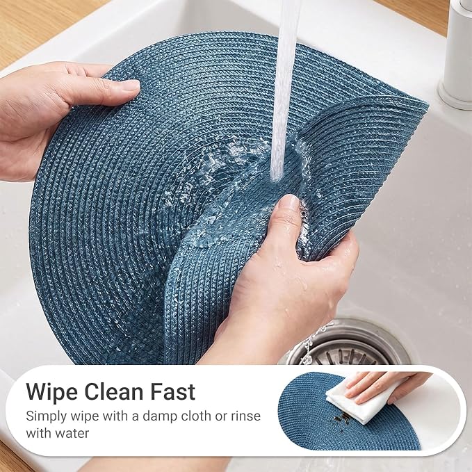 FunWheat Round Braided Placemats Set of 8 Place Mats for Dining Table Woven Washable Non-Slip Table Mats 15 Inch(Blue,8pcs)