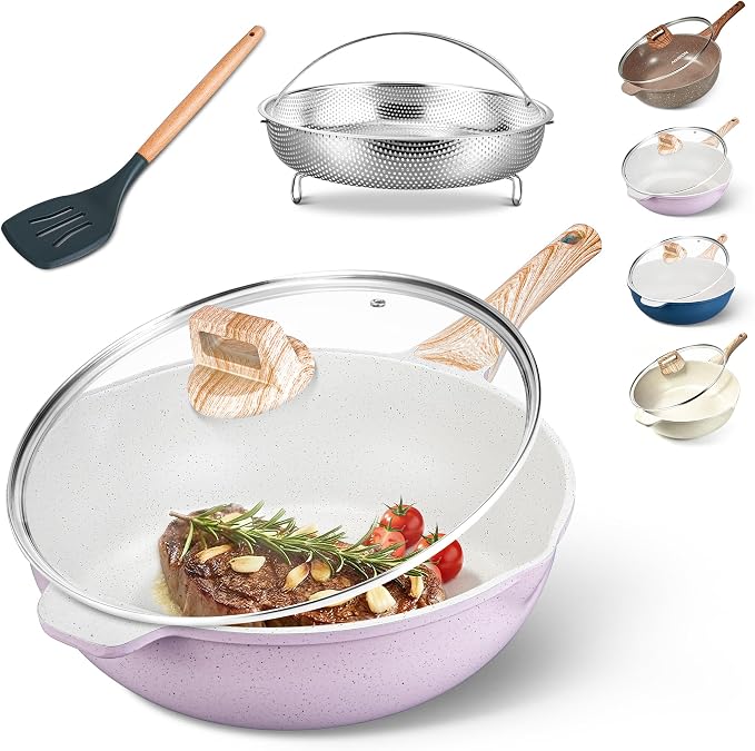 AOSION 12 Inch Nonstick Ceramic Deep Frying Pan, Large Ceramic Skillet. | Lid & Steam Rack, 5.5QT Sauté Pan, Stay Cool Handle, Induction Compatible, PFOA & PFAS Free