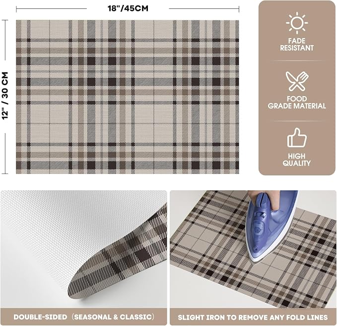 Artoid Mode Stripe Plaid Vinyl Placemats Set of 4, 12x18 Inch Thanksgiving Washable Non-Slip Heat Resistant Plastic Place Mats for Party Dining Table, Brown